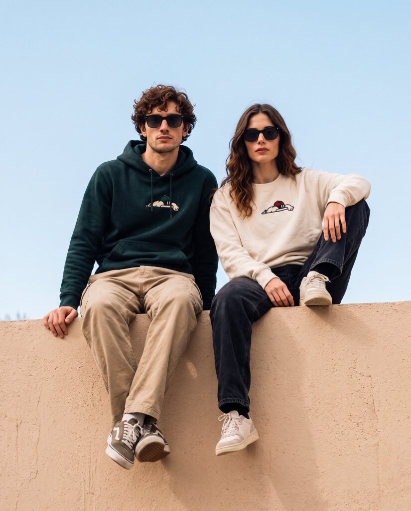 Pareja sentada al sol con hoodie verde y sudadera cruda de IRSE